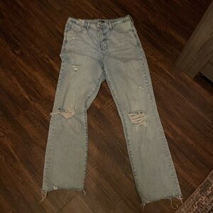 Express Women's Light Blue High Rise Distressed Jeans